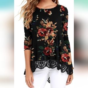 QIXING Women's Long Sleeve Lace Trim Flower Printing Tops O-Neck A Line Tunic